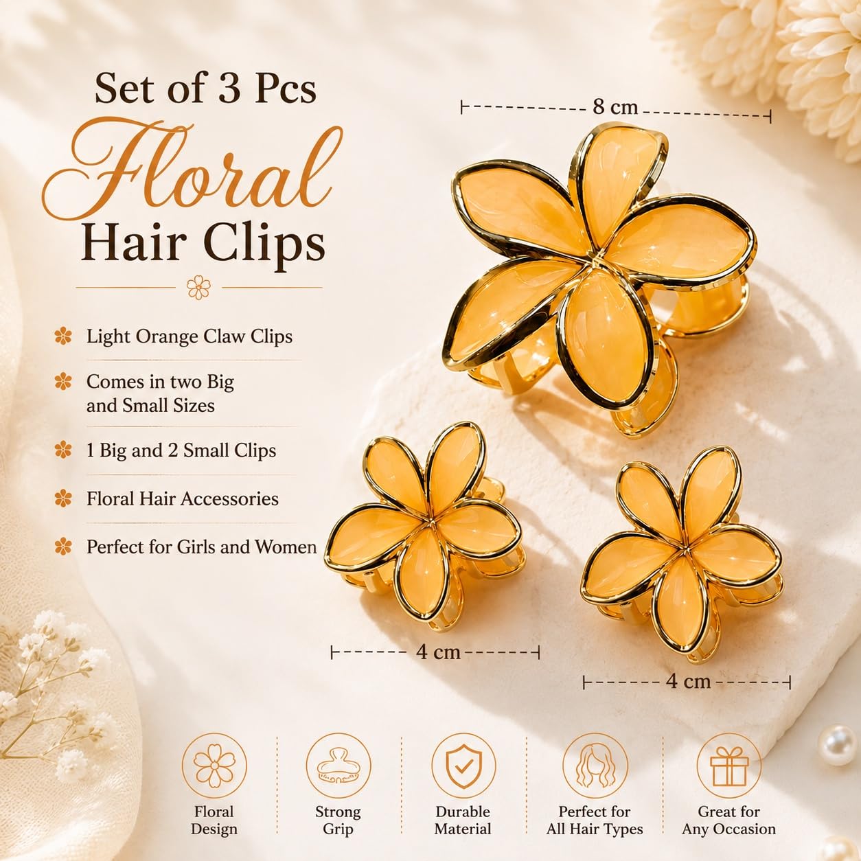 S.A.V.I Floral Hair Claw Clips in Light Orange, Set of 3 | 1 Large + 2 Small, Resin Finish, Strong Grip, All Hair Types, Party & Casual Wear