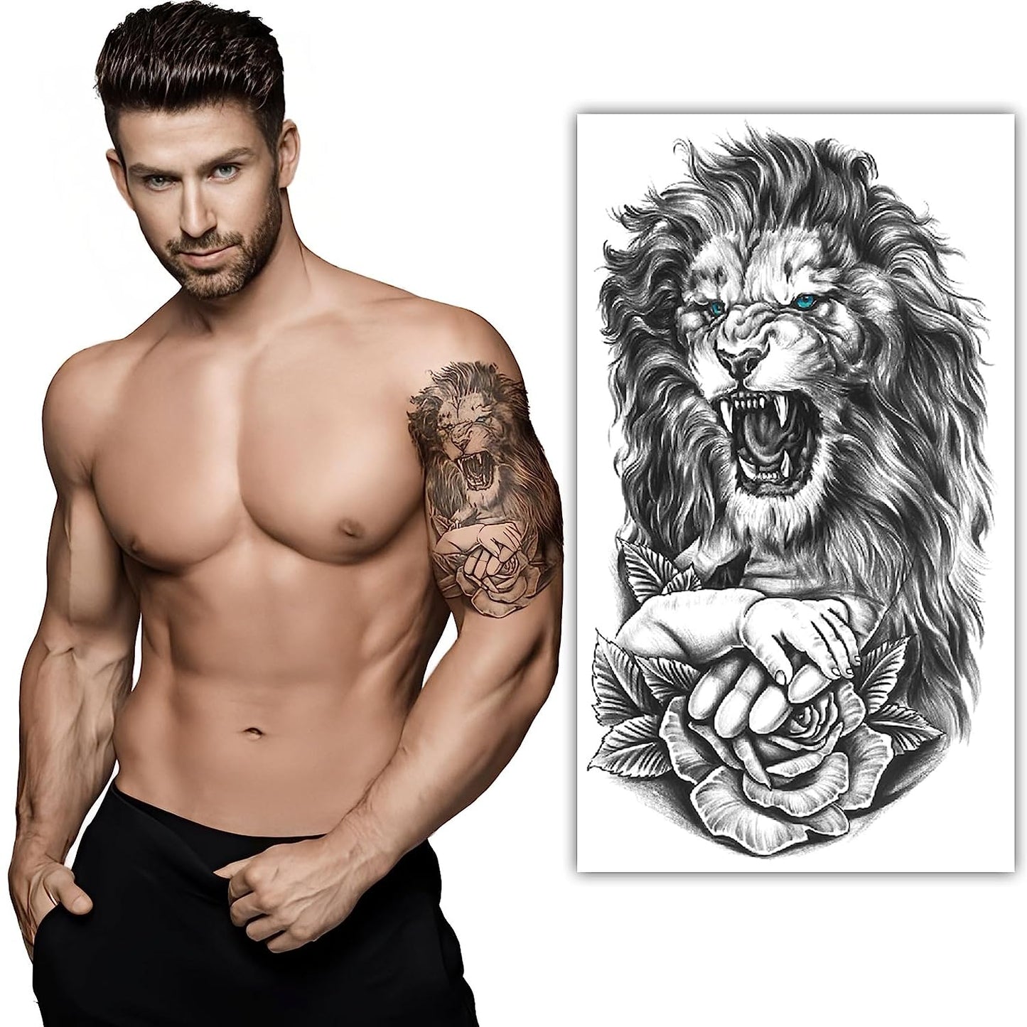S.A.V.I Angry Lion Realistic Waterproof Temporary Tattoo Sticker - Black, Men  Women, 21x11cm
