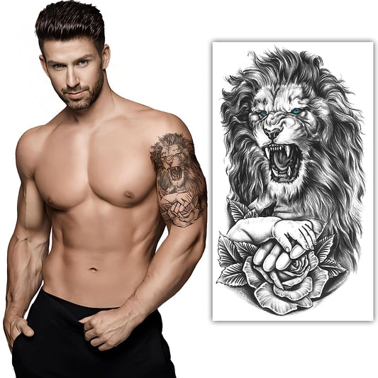 S.A.V.I Angry Lion Realistic Waterproof Temporary Tattoo Sticker - Black, Men  Women, 21x11cm