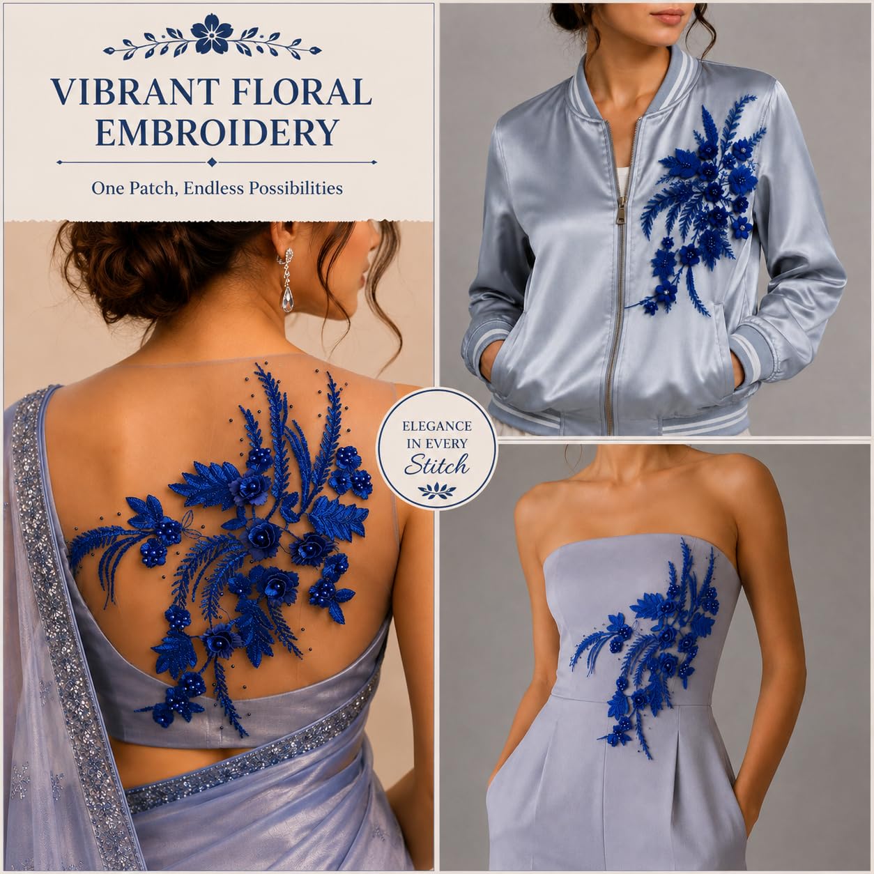 S.A.V.I Royal Blue Floral Embroidery Patch Sew-On Applique 34x25cm|Beaded Lace Motif, Mesh Fabric for DIY Saree, Kurti, Gown, Blouse, Jacket & Costume Customization