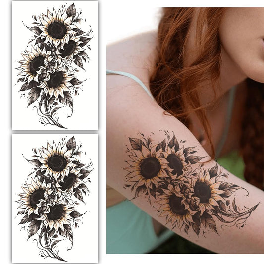 S.A.V.I 2 Large Sunflower Temporary Tattoos for Women  Teens,19x12cm Sheets, Black  Yellow Floral Body Art Stickers – Waterproof, Long-Lasting Fake Tattoos for Arm, Leg, Back