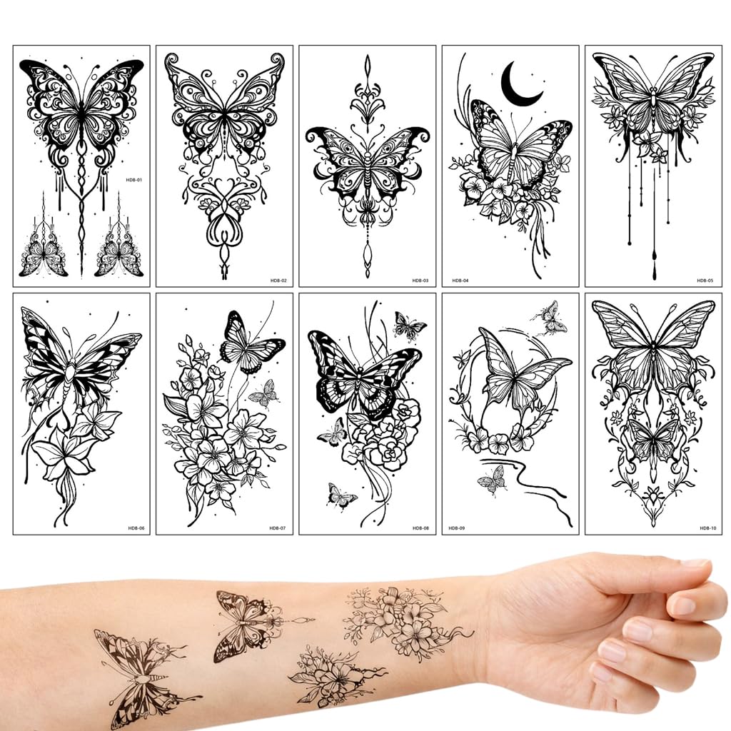 S.A.V.I Black Butterfly Floral Temporary Tattoo Stickers for Women & Girls, 10 Sheets 12x6.8 cm Large Waterproof Non-Toxic Body Art for Arm Wrist Shoulder Ankle Festival Party (#326)