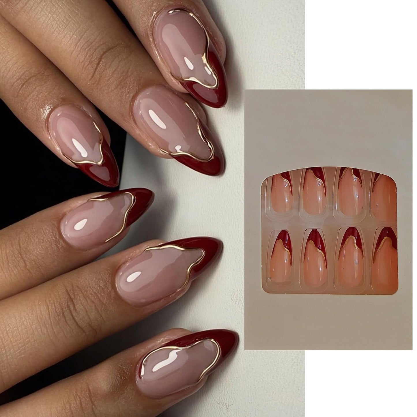 S.A.V.I 24 Pcs Reusable Press On Nails for Women, Long Almond Nude Pink with Wine Red Tips, 3D Gold Chrome Design, Glossy Acrylic False Nails Set, with Nail Glue & Adhesive Tabs