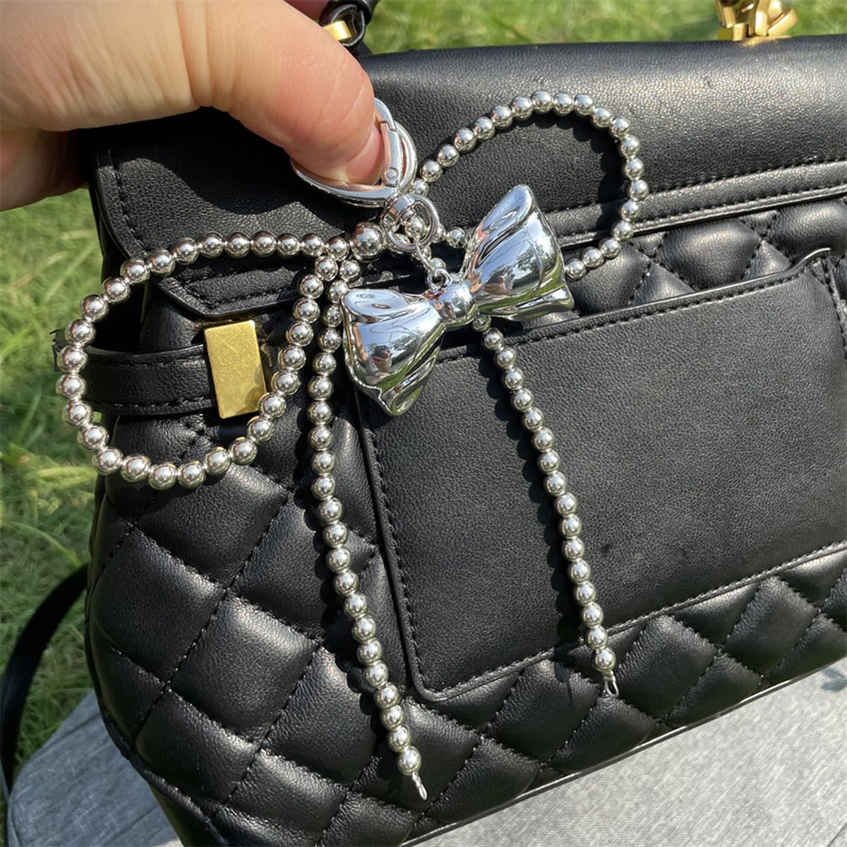 S.A.V.I Silver Bow Keychain with Beaded Chain for Bags and Keys, Set of 2, 17.5 x 6 cm Size, Heart Clasp, Chrome Finish, Big Bead Chain, Bag Charm