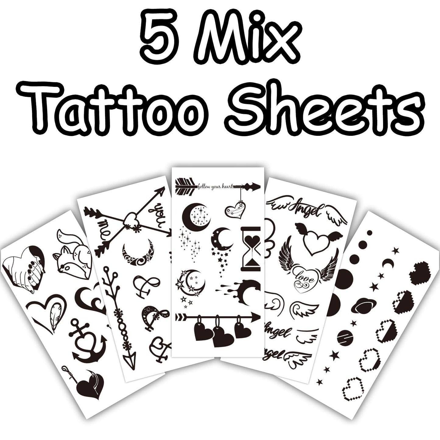 S.A.V.I 5 Sheet Black Temporary Tattoos for Women & Girls – Cute Small Heart, Angel Wings, Love Designs – Waterproof, Non-Toxic Skin Stickers for Hand, Wrist, Arm – 10.5x6cm (56)