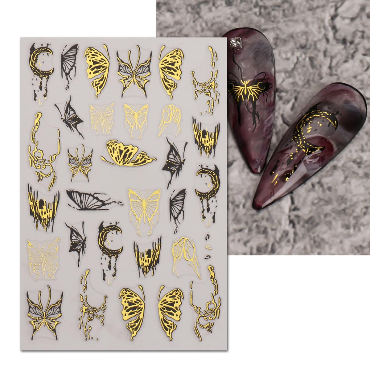 S.A.V.I 4 Sheets - 3D Self-Adhesive Nail Art Stickers Set, Gold & Silver Butterfly Moon Star Bow Designs, Metallic Decals for Acrylic Gel & Natural Nails, 9×6 cm