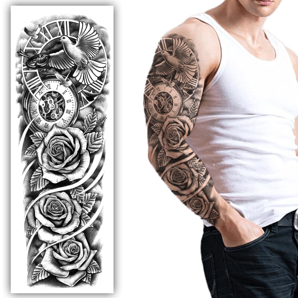 S.A.V.I Full Arm Sleeve Temporary Tattoo - Dove Fyling Bird  Roses, Peace Symbol, 48x17cm, Unisex