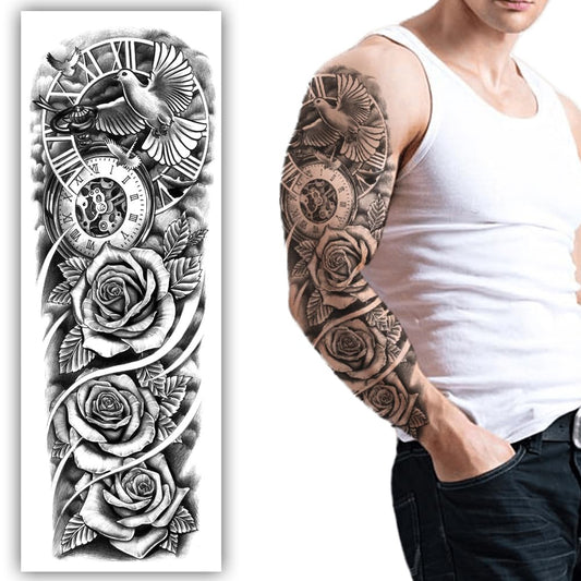 S.A.V.I Full Arm Sleeve Temporary Tattoo - Dove Fyling Bird  Roses, Peace Symbol, 48x17cm, Unisex