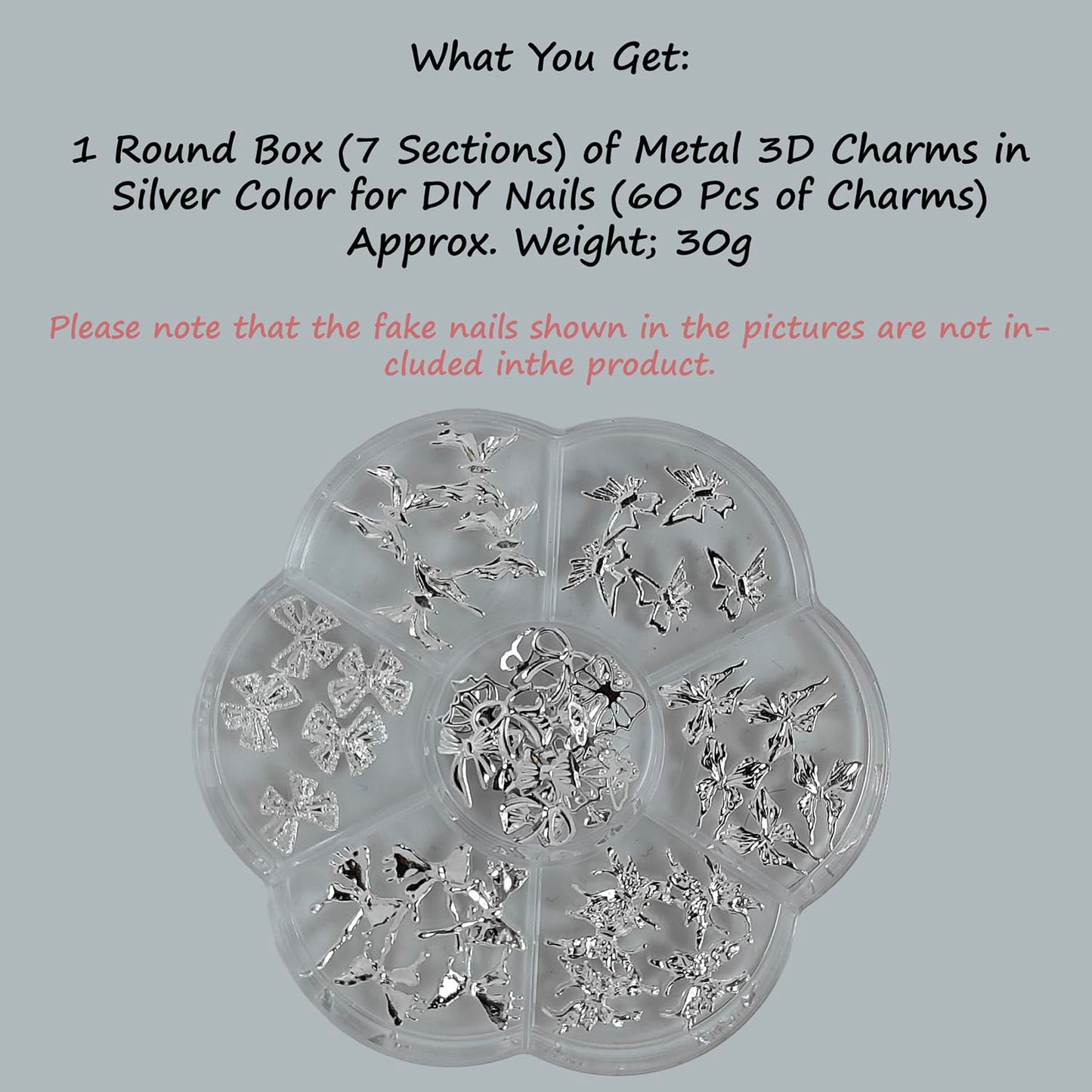 S.A.V.I Silver Metal 3D Nail Art Charms Set (60 Pcs) with Fairy, Butterfly & Bow Designs | DIY Decorations for Gel & Acrylic Nails | Flower Shape Round Storage Box 8.3 cm