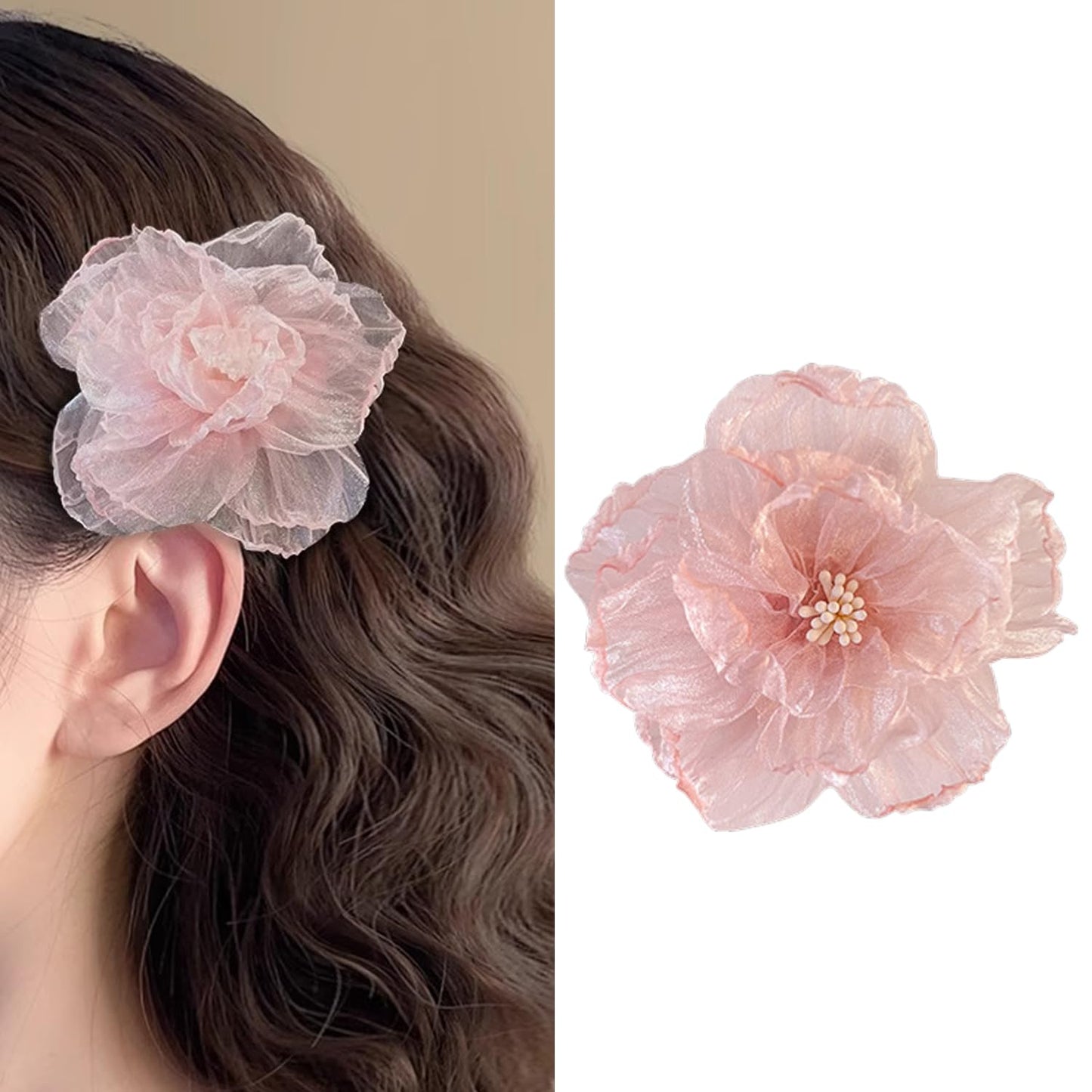 S.A.V.I Baby Pink Organza Flower Hair Clip for Girls & Women, 9 cm Large Floral Alligator Barrette, Soft Mesh Blossom Hair Accessory for Party, Wedding, Korean Style Hairstyles