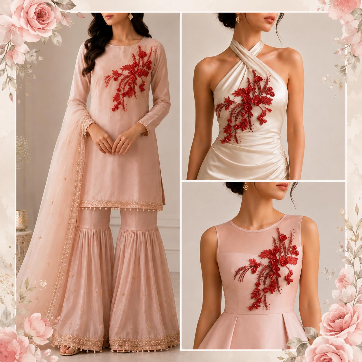 S.A.V.I Red Floral Embroidery Patch Sew-On Applique Kurti Blouse|3D Pearl Lace Motif 34x24 cm for Dresses, Gowns, Tops, DIY Craft & Custom Fashion
