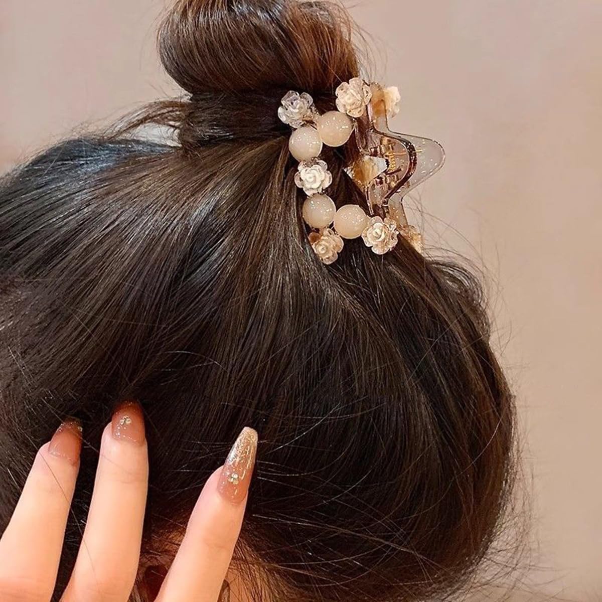 S.A.V.I Women’s Beige Floral Pearl Hair Claw Clip 7 cm | Acrylic Rose Design Clutcher | Elegant Small Star Shape Hair Accessory for Daily, Party Styling & Gifting