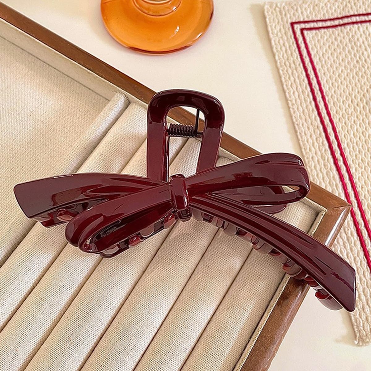 S.A.V.I Maroon Bow Hair Claw Clip 13 cm | Large Glossy Acrylic Clutcher for Women | Strong Hold Grip for Thick Hair | Stylish Everyday Party Hair Accessory