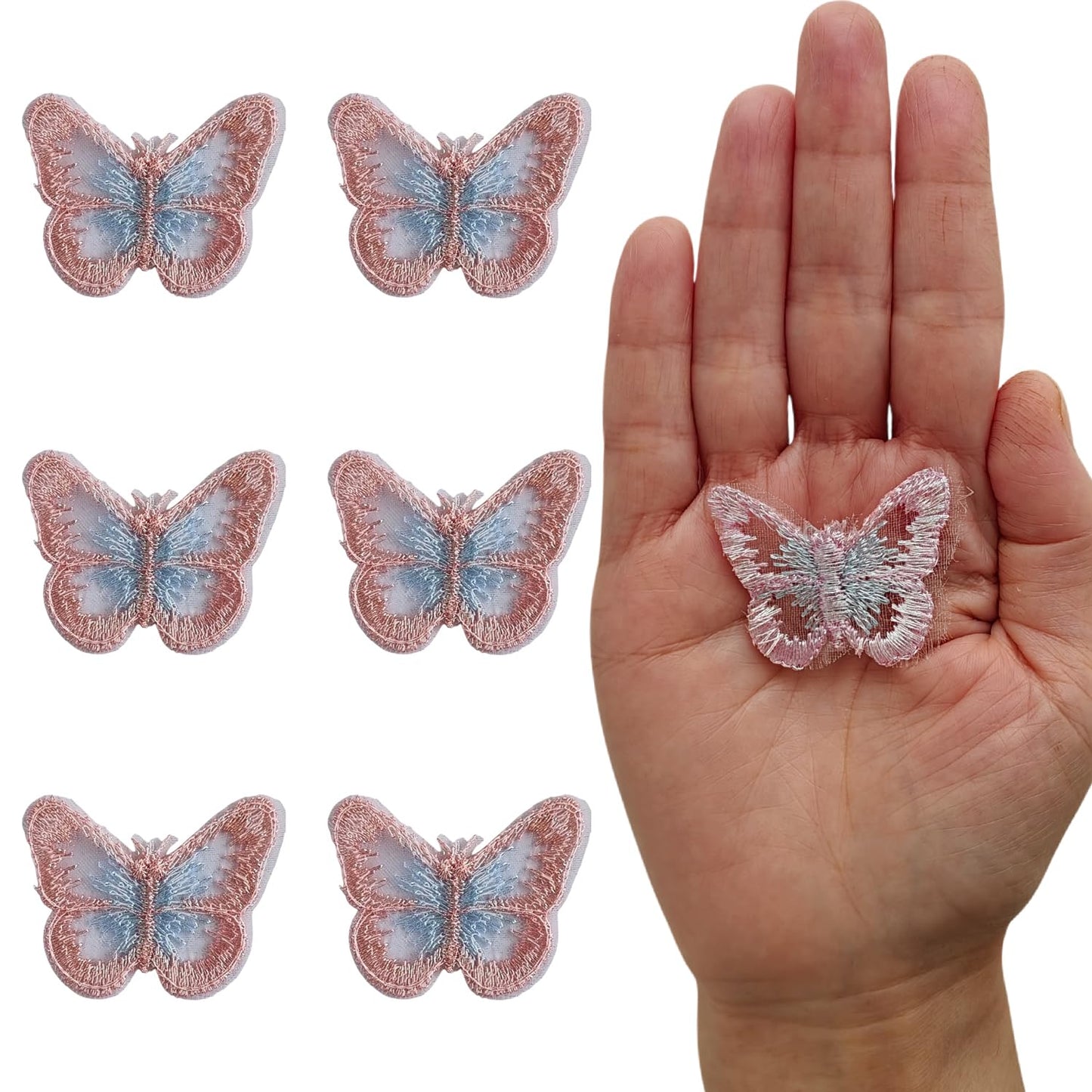 S.A.V.I 6 Pcs Sew-On Embroidered Butterfly Patches, Pink & Blue Threadwork on Sheer Mesh, 3.5 x 4.4 cm Decorative Appliqué for Clothes, Dresses, Blouses, DIY Craft & Tailoring (Pink-Blue)
