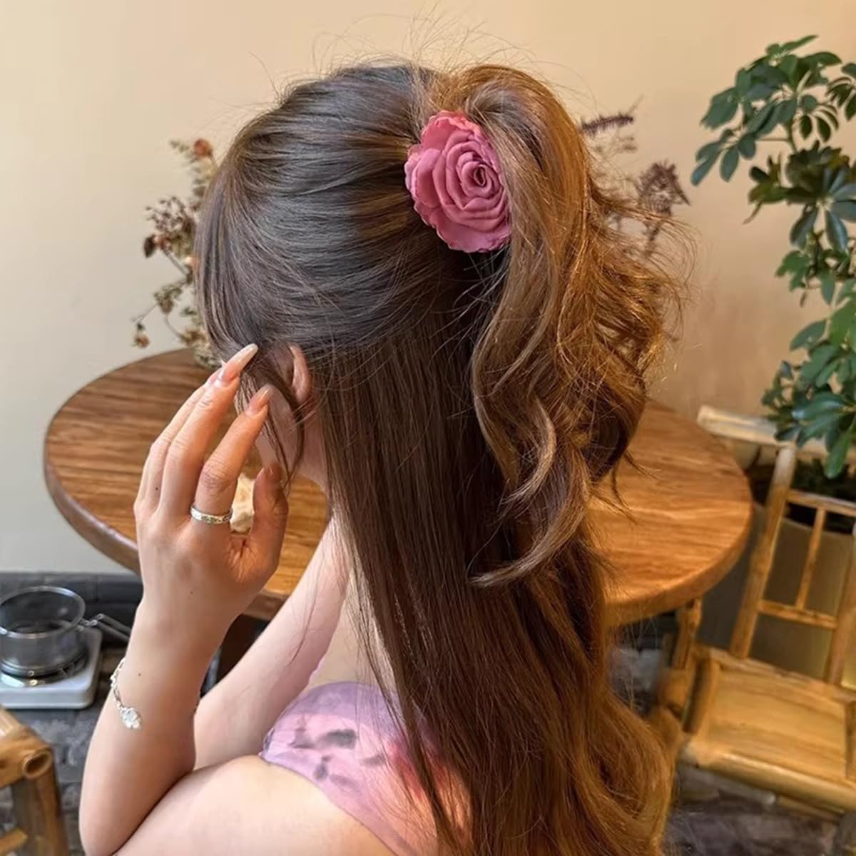 S.A.V.I Dark Pink Rose Hair Claw Clip for Women & Girls, 5 cm Small Floral Hair Clutch, Chiffon Fabric Flower Design, Stylish Hair Accessory for Daily, Party & Ethnic Look