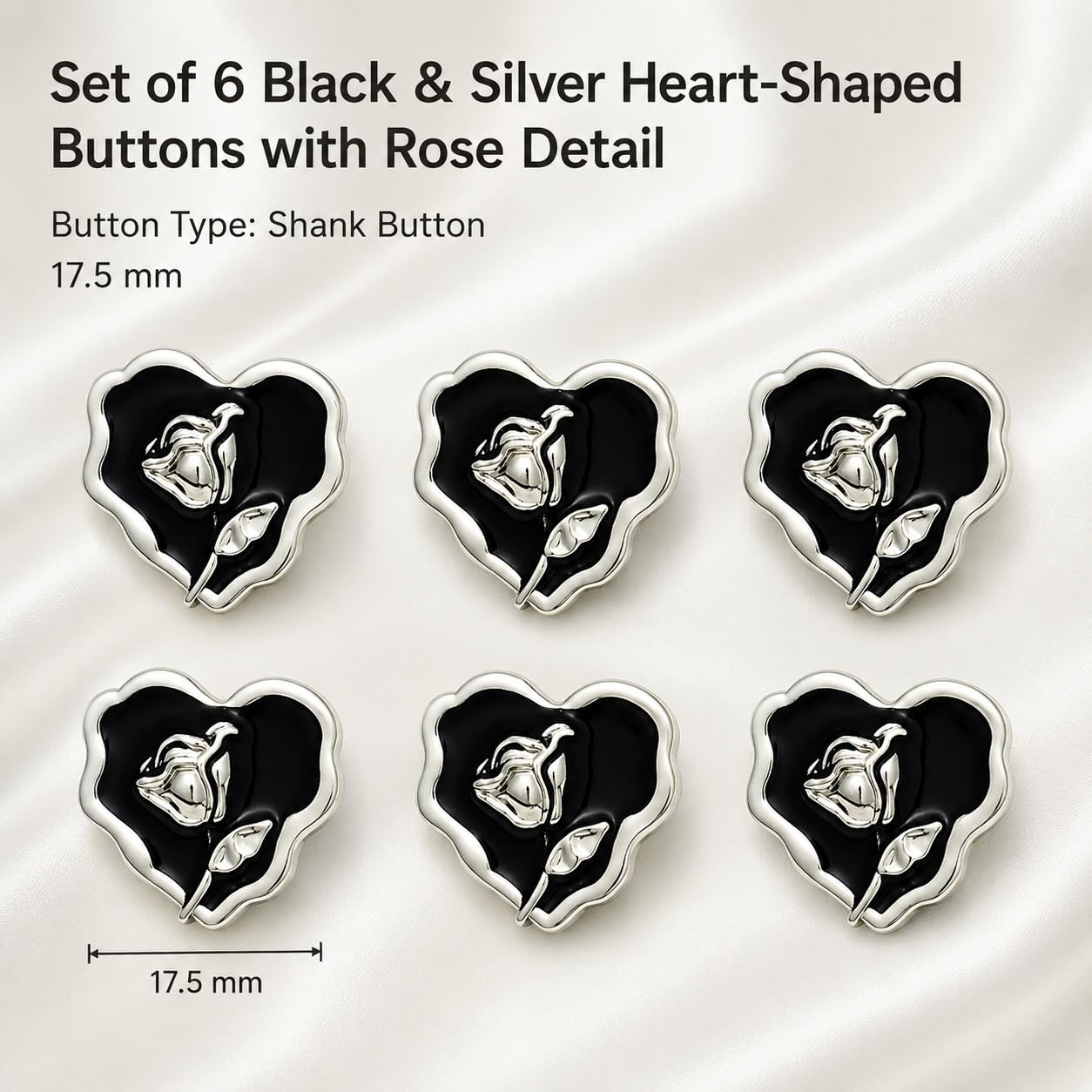 S.A.V.I Heart Shank Buttons with Rose Design 17.5mm, Set of 6 | Black & Silver, For Dresses & Blazers, DIY Crafts, Decorative Fasteners, For Jackets & Vests