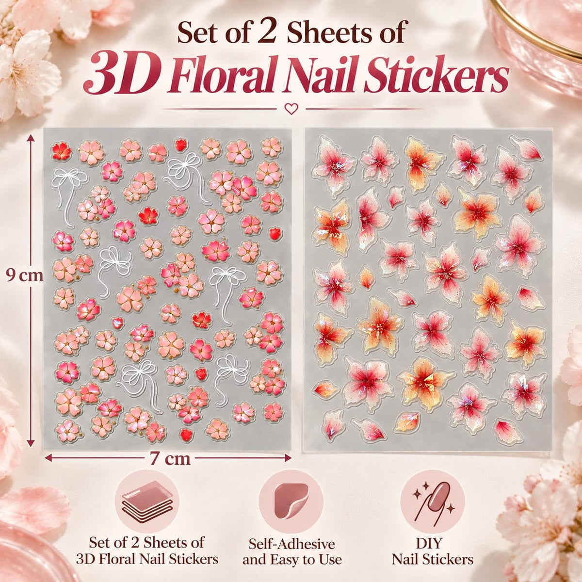 S.A.V.I 3D Floral Nail Art Stickers Self Adhesive Decals 2 Sheets | Pink Cherry Blossom, Raised Texture, DIY Manicure, 7 x 9 cm, Women & Girls