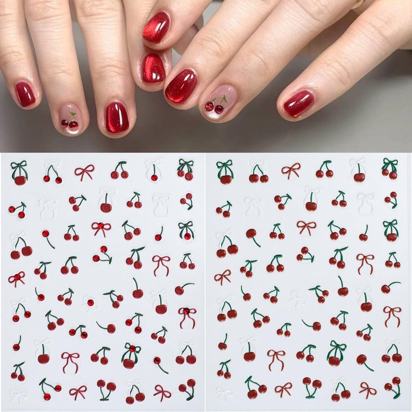 S.A.V.I 2 Sheets - 3D Cherry & Bow Nail Art Stickers | Red & Green Rhinestone Gel Resin Self-Adhesive DIY Decals | for Manicure & Nail Decoration