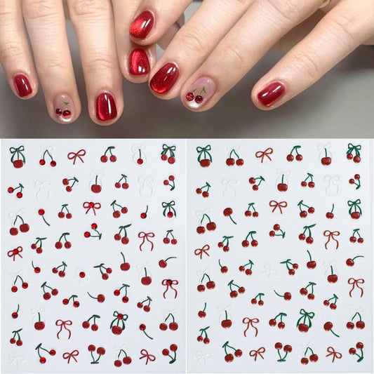 S.A.V.I 2 Sheets - 3D Cherry & Bow Nail Art Stickers | Red & Green Rhinestone Gel Resin Self-Adhesive DIY Decals | for Manicure & Nail Decoration
