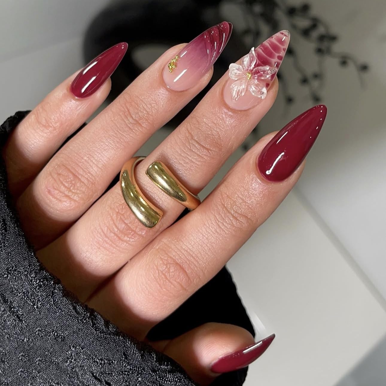 S.A.V.I Press on Nails Long Almond Burgundy 3D Flower 24 Pcs | Gloss Finish, Beads, Glue & Adhesive Tabs, Reusable DIY Full Cover Tips for Parties & Weddings