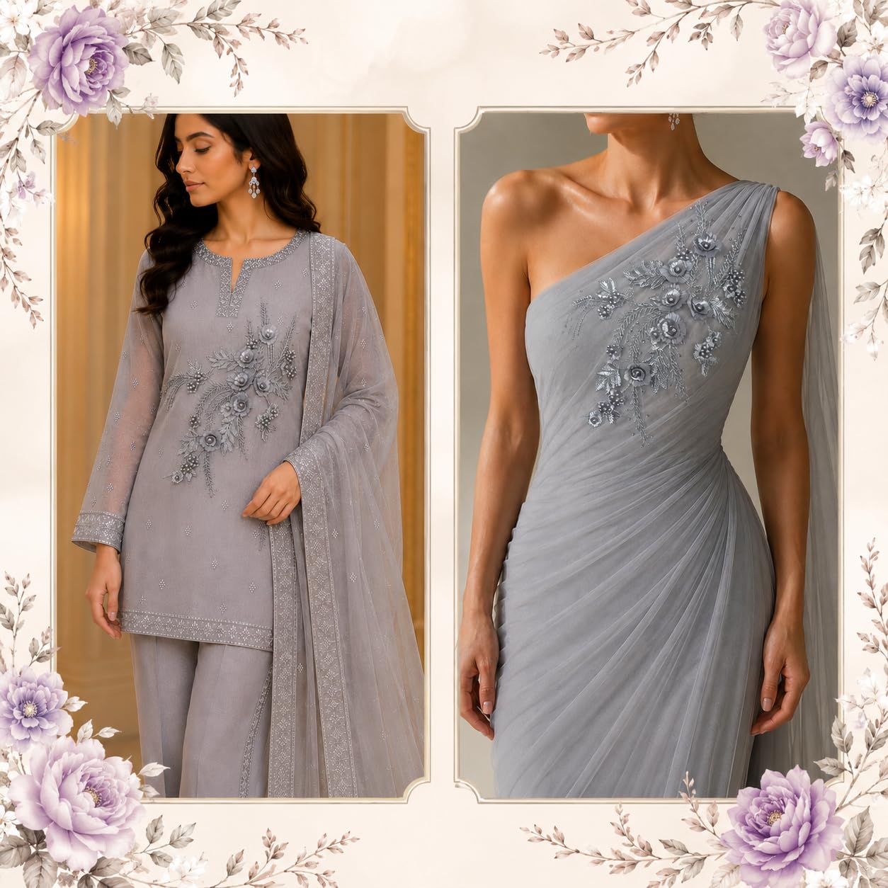 S.A.V.I Floral Embroidery Patch with Pearls Grey Silver 34x25cm|Sew-On Applique, DIY Craft & Bridal, Premium Mesh Design, 1 Piece, For Saree Gown Kurti