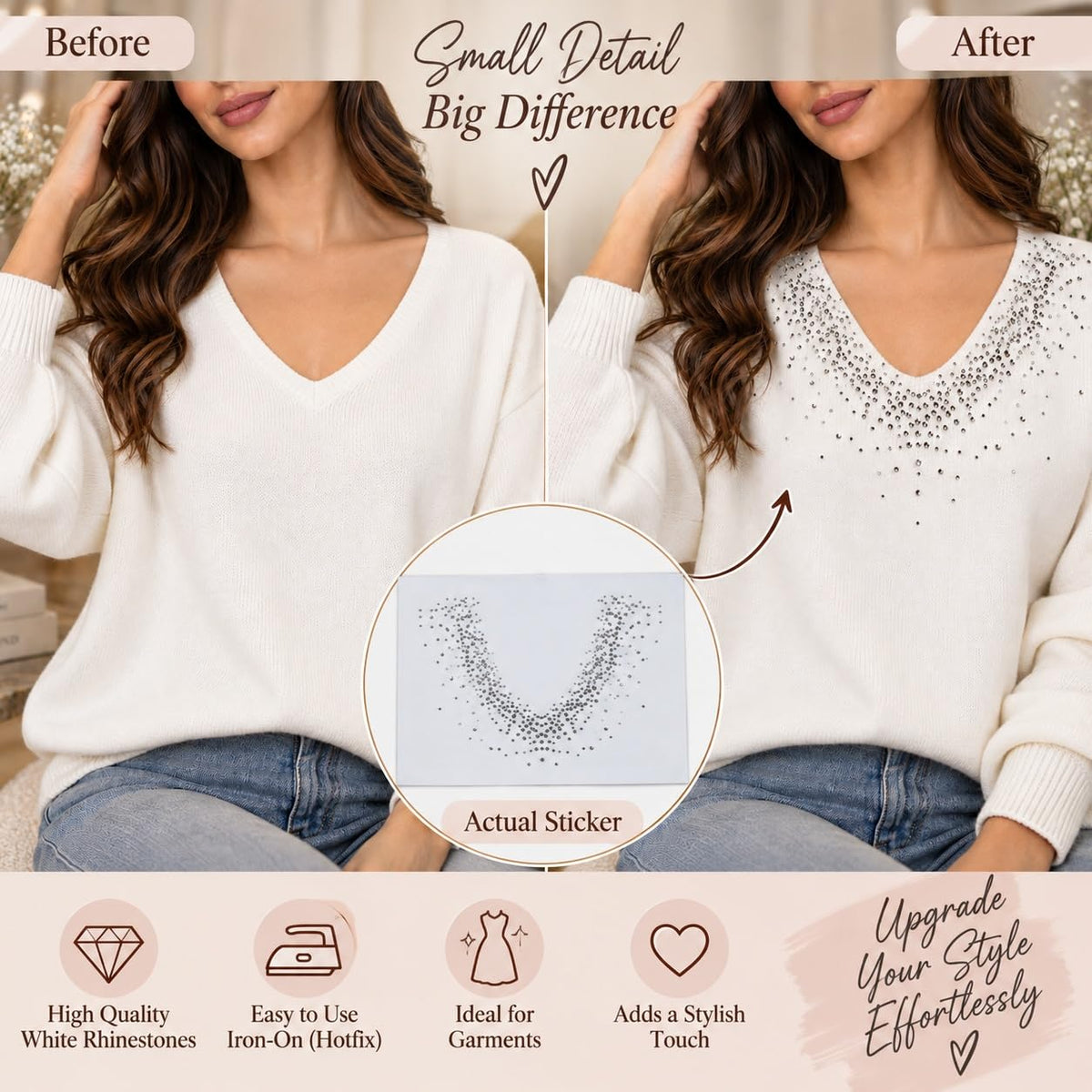 S.A.V.I Iron-On Rhinestone Neckline Patch White 31x25 cm