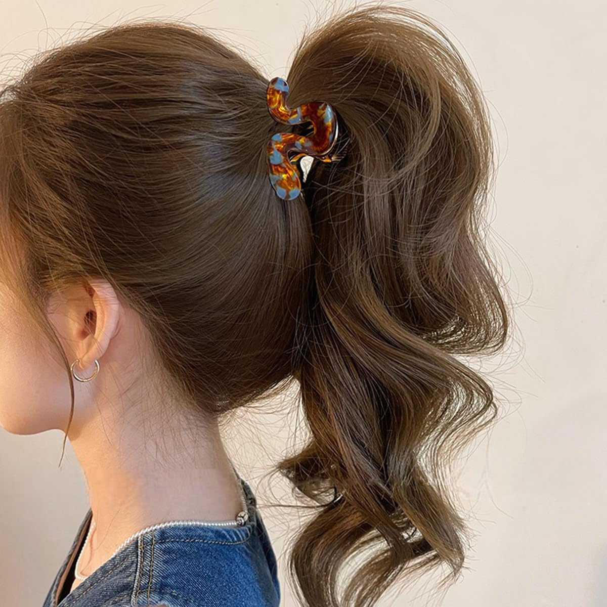 S.A.V.I Brown & Gold Tortoiseshell Acrylic Hair Claw Clip 6 cm, S-Shape Strong Grip Clutcher for Women, Half Up Ponytail Styling Accessory, Durable Stylish Use Everyday