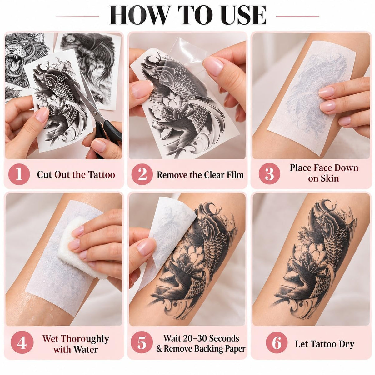 S.A.V.I 3pcs Temporary Tattoo Stickers, Grim Reaper, Koi Fish & Tribal Lion