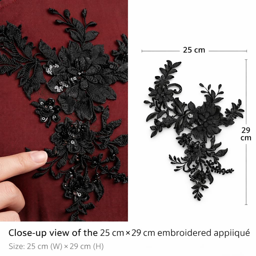 S.A.V.I Black Floral Embroidered Appliqué Patch 25x29 cm | Net Fabric 3D Flower Sequins Motif | Sew-On Design for Saree, Blouse, Gown & Kurtis (Black)