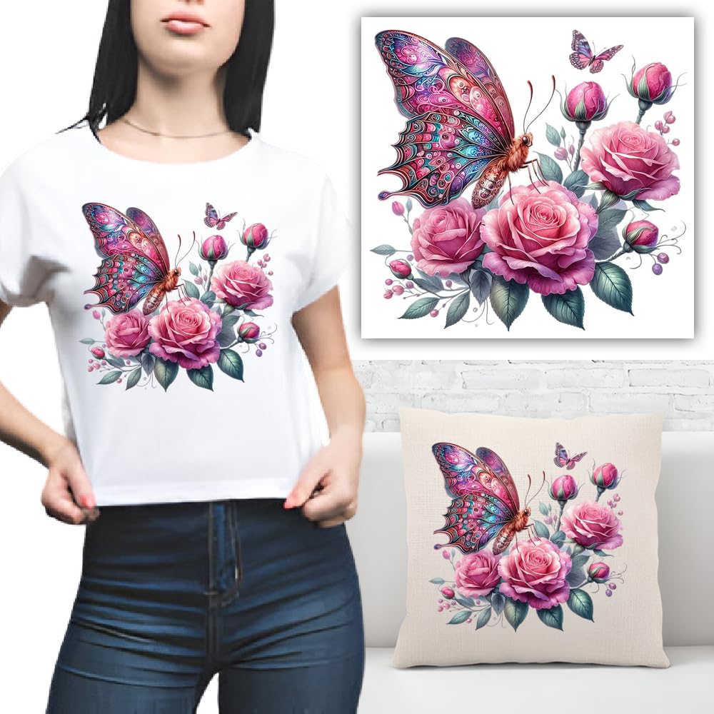 S.A.V.I Colorful Butterfly  Roses Iron-On Applique Patch – 7x8.5 Inch Heat Transfer Sticker for DIY T-Shirts, Hoodies, Jeans, Pillows  More | Washable, Easy-to-Apply Fabric Decoration | Multicolor 1PC