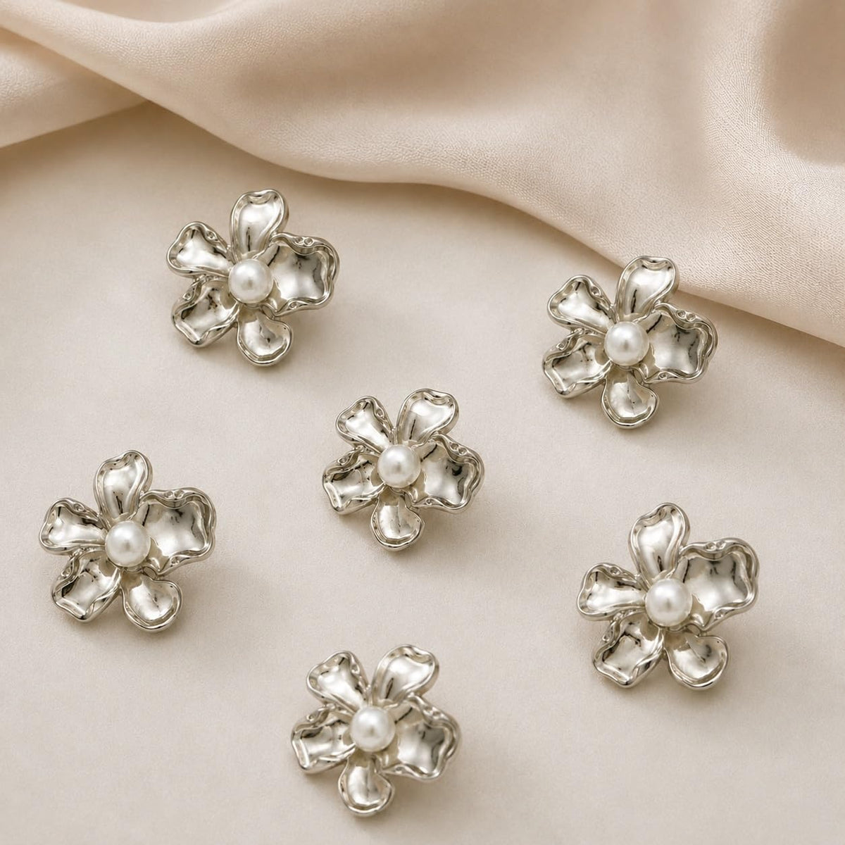 S.A.V.I Floral Pearl Shank Buttons Silver Tone 17.5mm for Blouse | Set of 6, Sculpted Blossom Design, Saree & Lehenga Use, DIY Craft & Sewing, Kurti & Choli