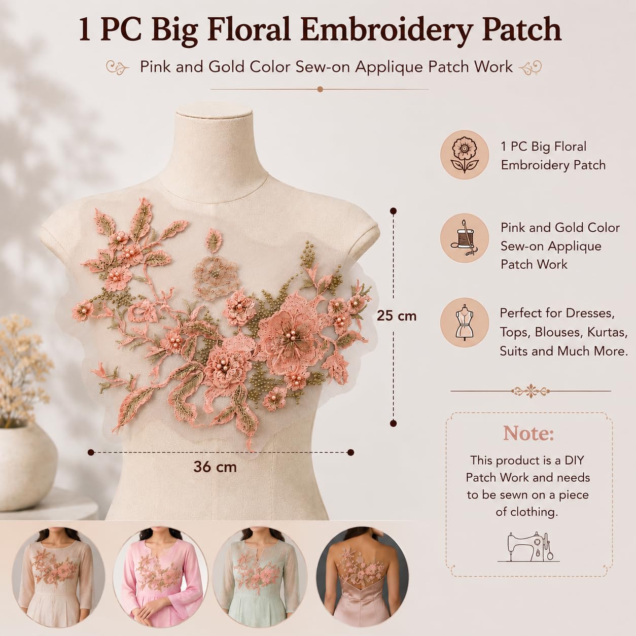 S.A.V.I Floral Embroidery Patch Sew-On Applique Lace Motif|Pink & Gold DIY Garment Embellishment, 36 x 25 cm, Mesh Fabric, Ideal for Kurtas, Gowns, Blouses & Craft Decor
