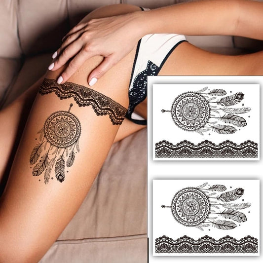 S.A.V.I 2 Sheets - Black Henna Mehndi Dreamcatcher Temporary Tattoo Stickers, Feather  Lace, 21x15 cm, for Women  Girls