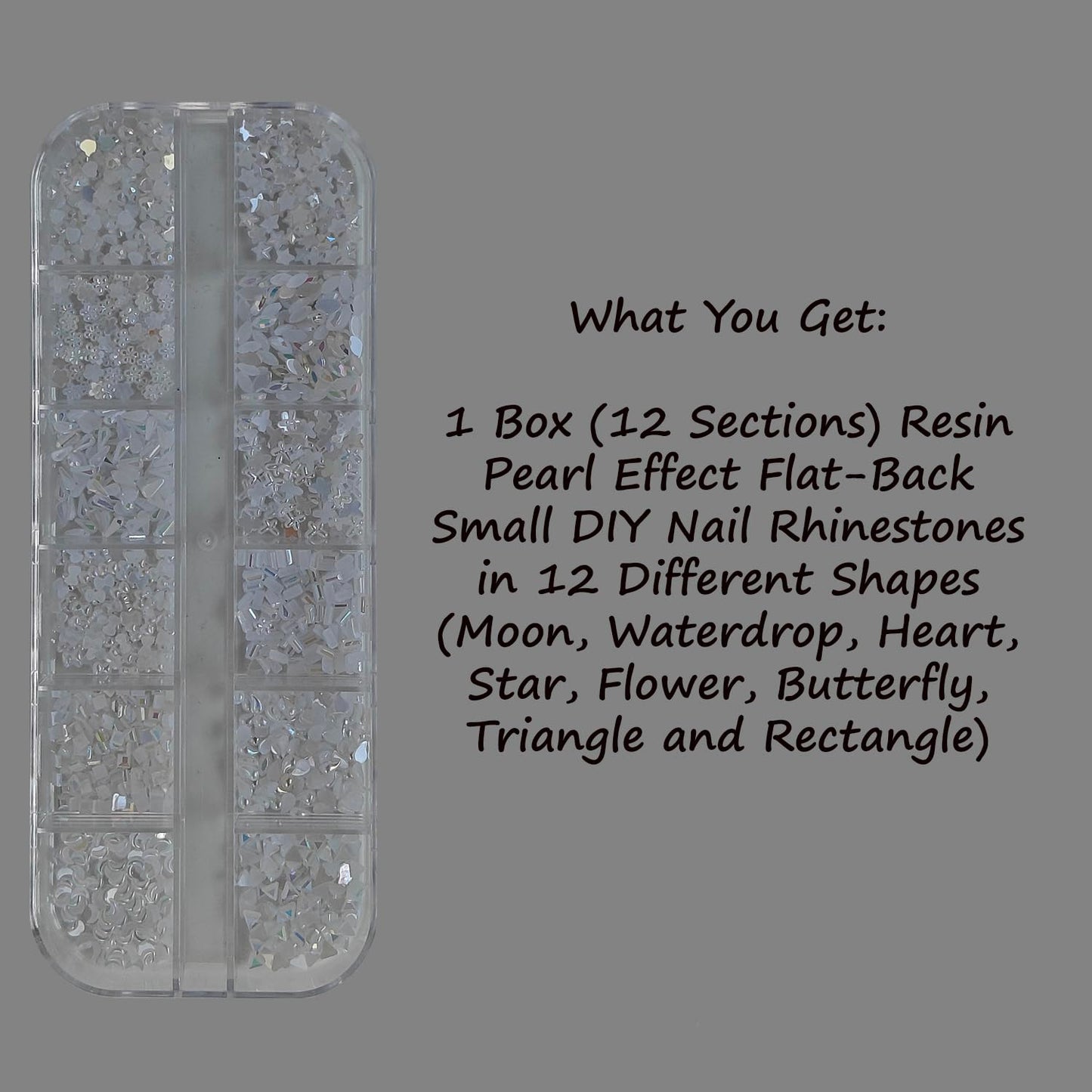 S.A.V.I Pearl White AB Resin Nail Art Rhinestones Set | Flat Back Mixed Shapes Star Heart Moon Flower Triangle | 1.5–4mm Sizes | 12 Grid Storage Box | DIY Nail Decoration Kit