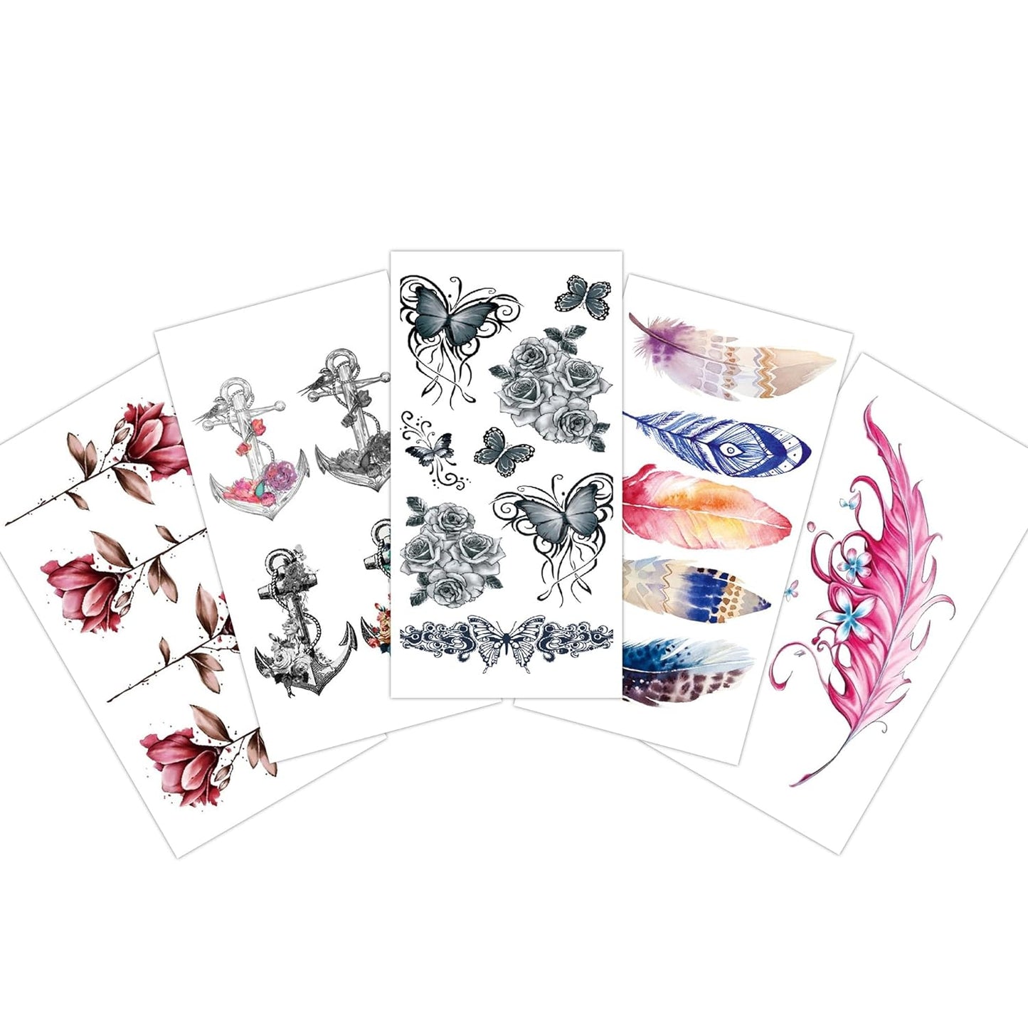 S.A.V.I 5pc Temporary Tattoo Stickers - Floral, Butterfly, Anchor  Feather Designs, 10.5x6cm, for Men  Women