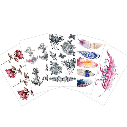 S.A.V.I 5pc Temporary Tattoo Stickers - Floral, Butterfly, Anchor  Feather Designs, 10.5x6cm, for Men  Women