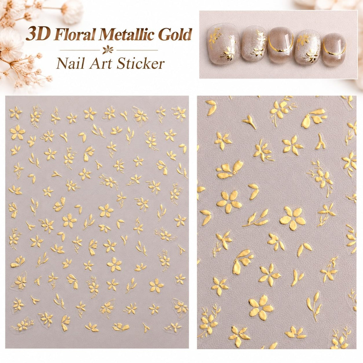 S.A.V.I 3D Floral Nail Art Stickers Metallic Gold, Set of 4 | Self Adhesive Decals, Raised Flower Designs, 8 x 10 cm Each, Easy Application, Home Salon Use
