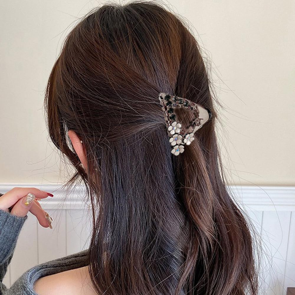 S.A.V.I Brown Triangle Hair Claw Clip for Women & Girls | Small 5.5cm Plastic Clutcher with Floral & Rhinestone Design | Stylish Daily & Party Hair Accessory | Non-Slip Grip