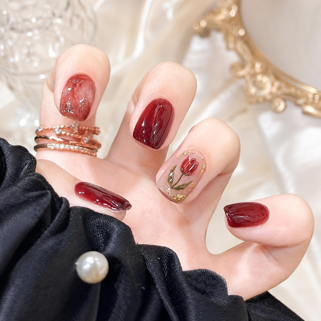 S.A.V.I Press on Nails Short Maroon Tulip Floral 24 Pcs | Reusable Glossy Manicure Kit with Glue, Adhesive Tabs, Tulip Art, Natural Fit for Women