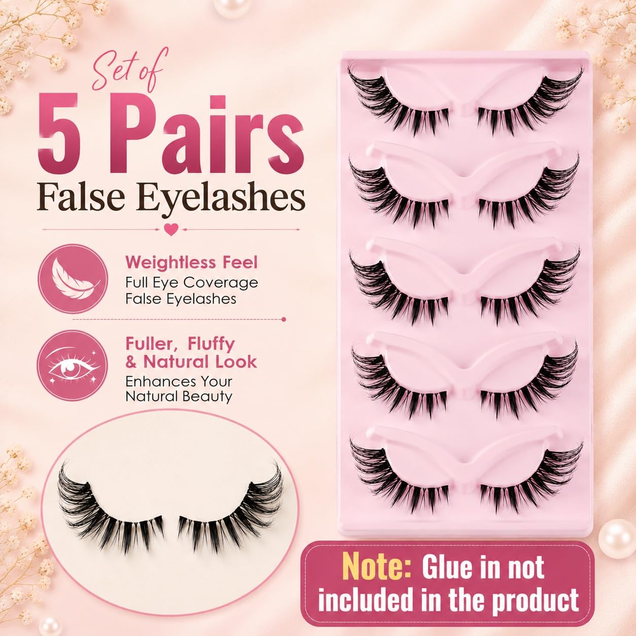 S.A.V.I False Eyelashes 5 Pairs Natural Look Soft Black Wispy | Soft Black Wispy Full Strip Lashes for Women, Reusable Everyday Party Makeup, Comfortable Flexible Band, Glue Not Included