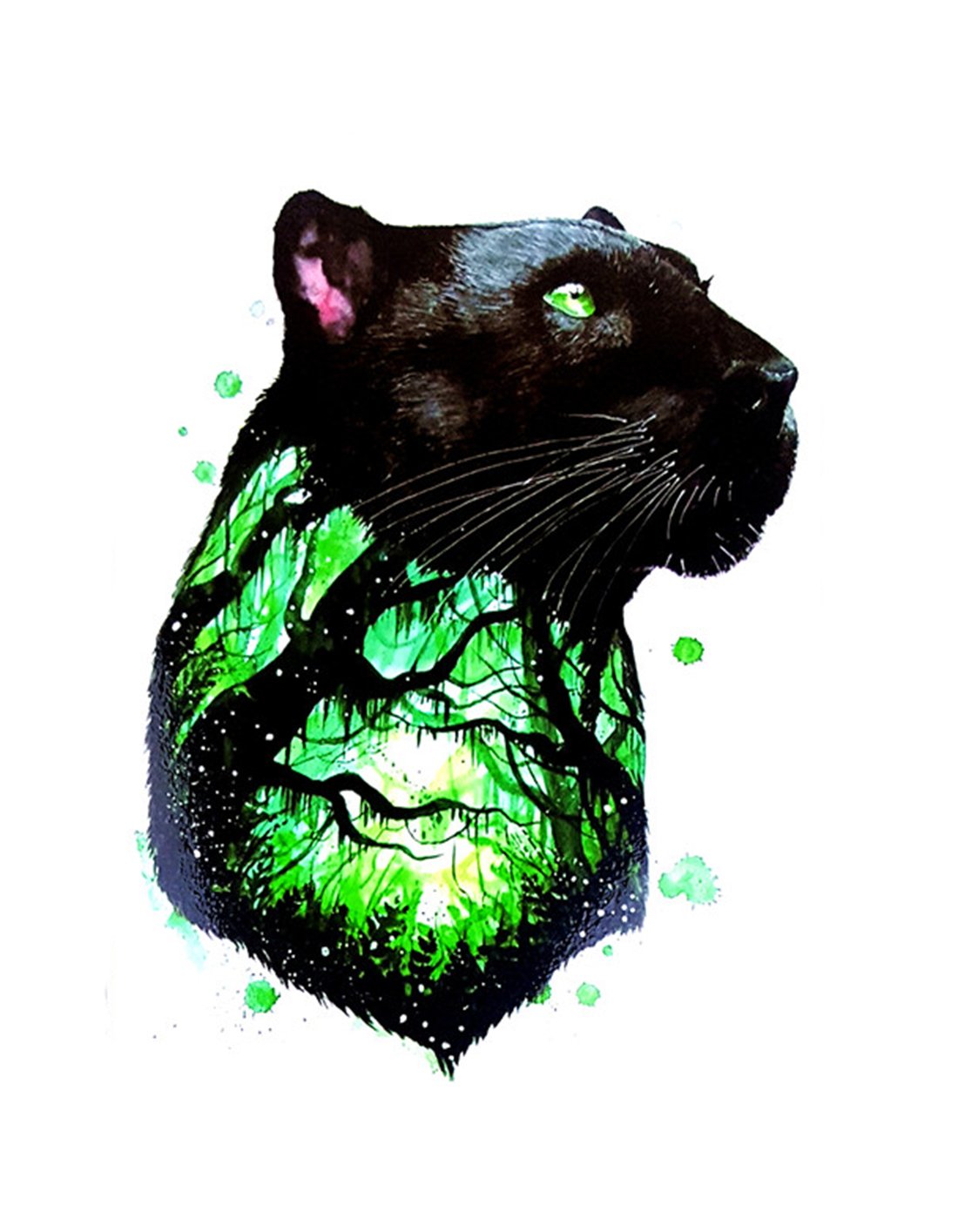 S.A.V.I Temporary Tattoo For Girls Men Women 3D Black Wolf Jungle View Face Sticker Size 21x15CM - 1PC.