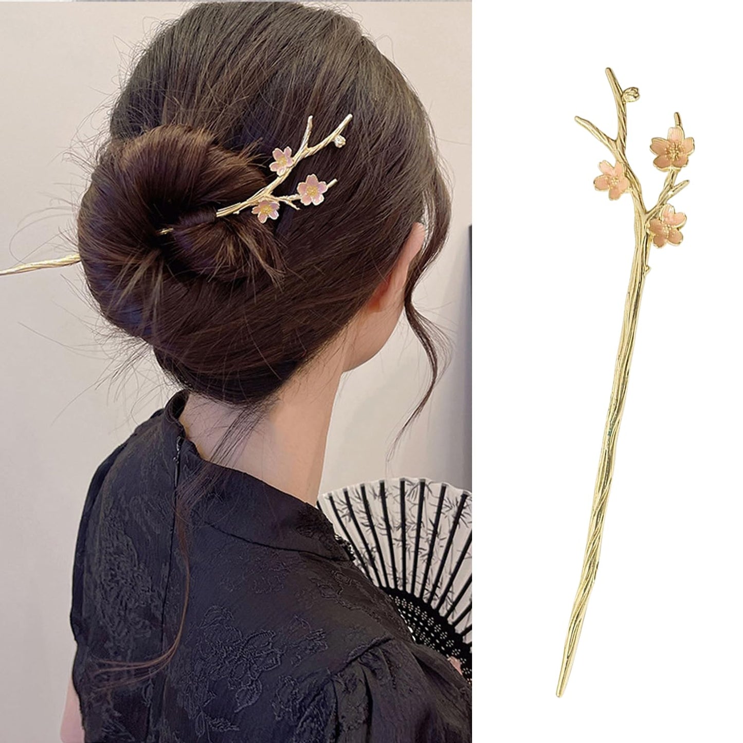 S.A.V.I Cherry Blossom Hair Stick Pin for Women & Girls | Gold Tone Japanese Style Hairpin with Pink Floral Design | Elegant Metal Bun Hairstick Accessory for Bridal, Party & for Daily