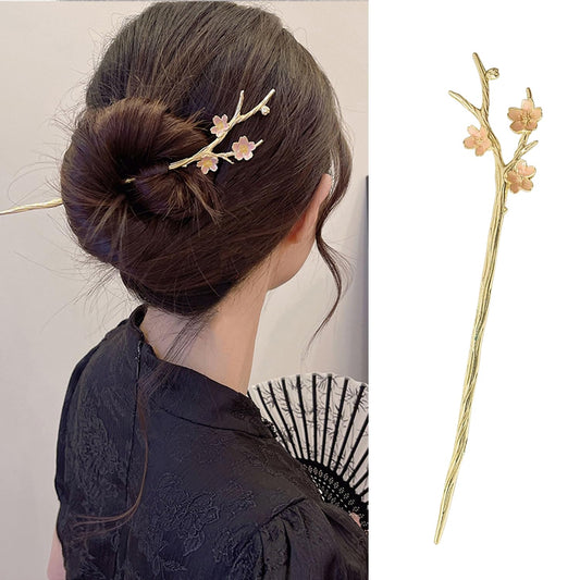 S.A.V.I Cherry Blossom Hair Stick Pin for Women & Girls | Gold Tone Japanese Style Hairpin with Pink Floral Design | Elegant Metal Bun Hairstick Accessory for Bridal, Party & for Daily