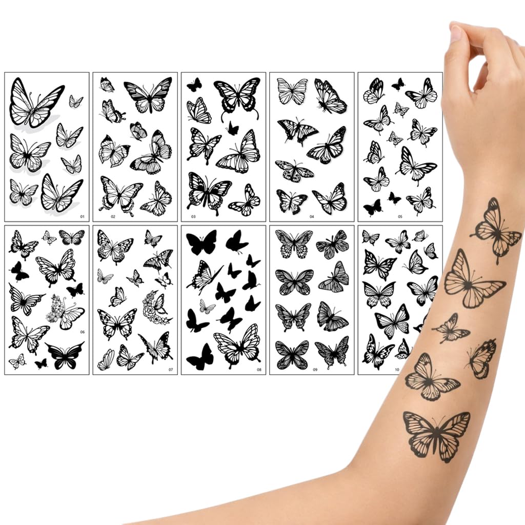 S.A.V.I 10 Sheets Black Butterfly Temporary Tattoo Stickers (6.8 x 12 cm) Realistic Floral Wing Designs | Waterproof, Safe & Non-Toxic | Long Lasting Body Art for Women & Girls (#322)