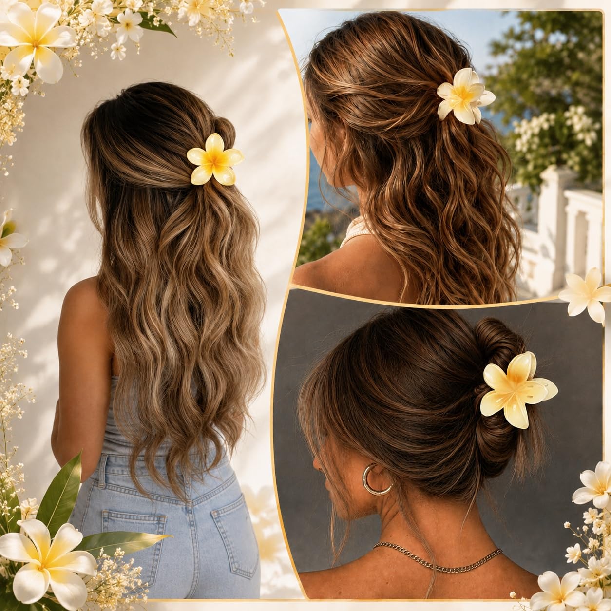 S.A.V.I Yellow Plumeria Resin Flower Hair Claw Clip for Women 8cm | Strong Grip, Lightweight, Thick & Thin Hair, Parties & Weddings, Holiday Accessory