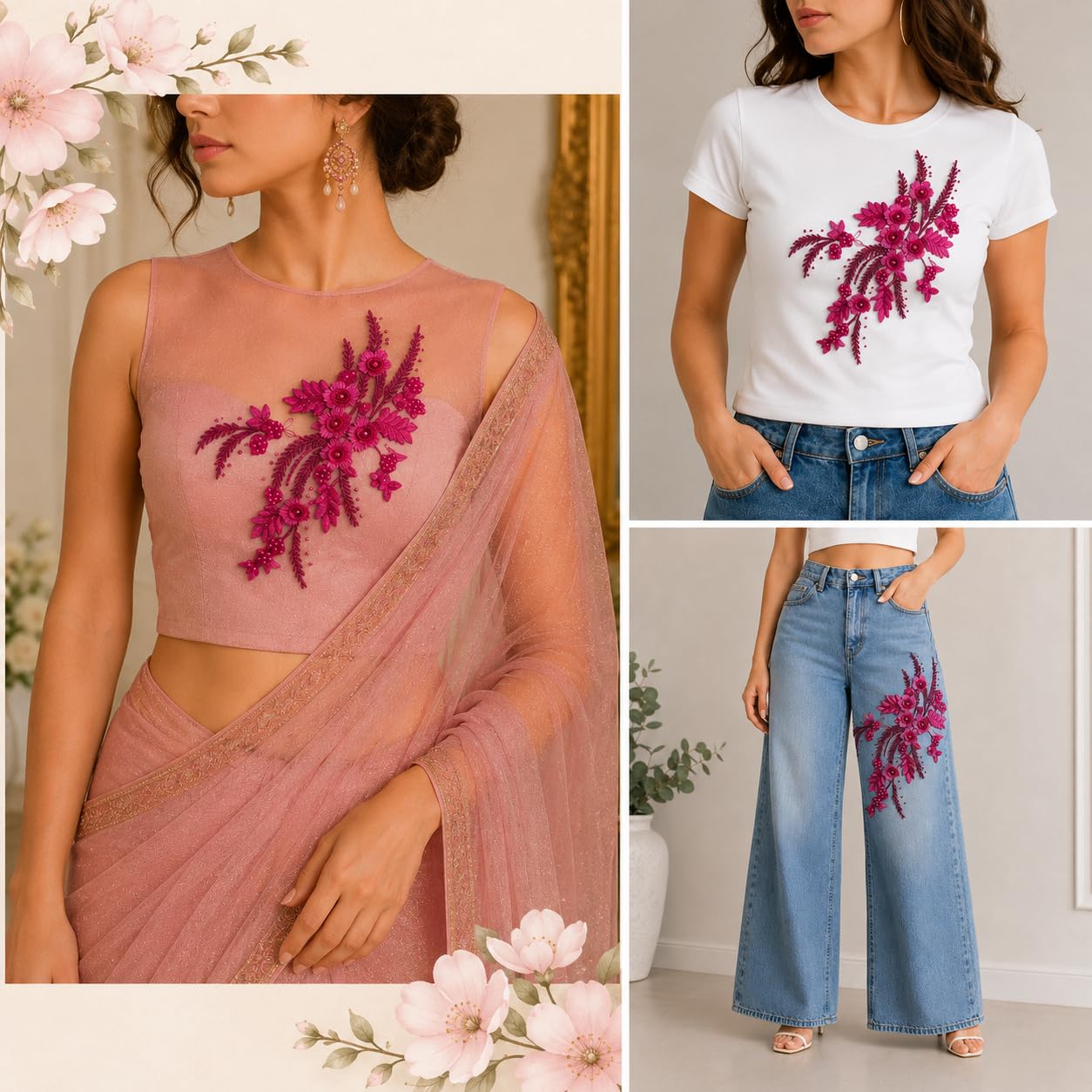 S.A.V.I Big Floral Embroidery Patch Sew-On Applique 34x25 cm|Hot Pink 3D Beaded Mesh Lace Motif for Kurtis, Blouses, Sarees, Gowns, Jeans & DIY Fashion Customization