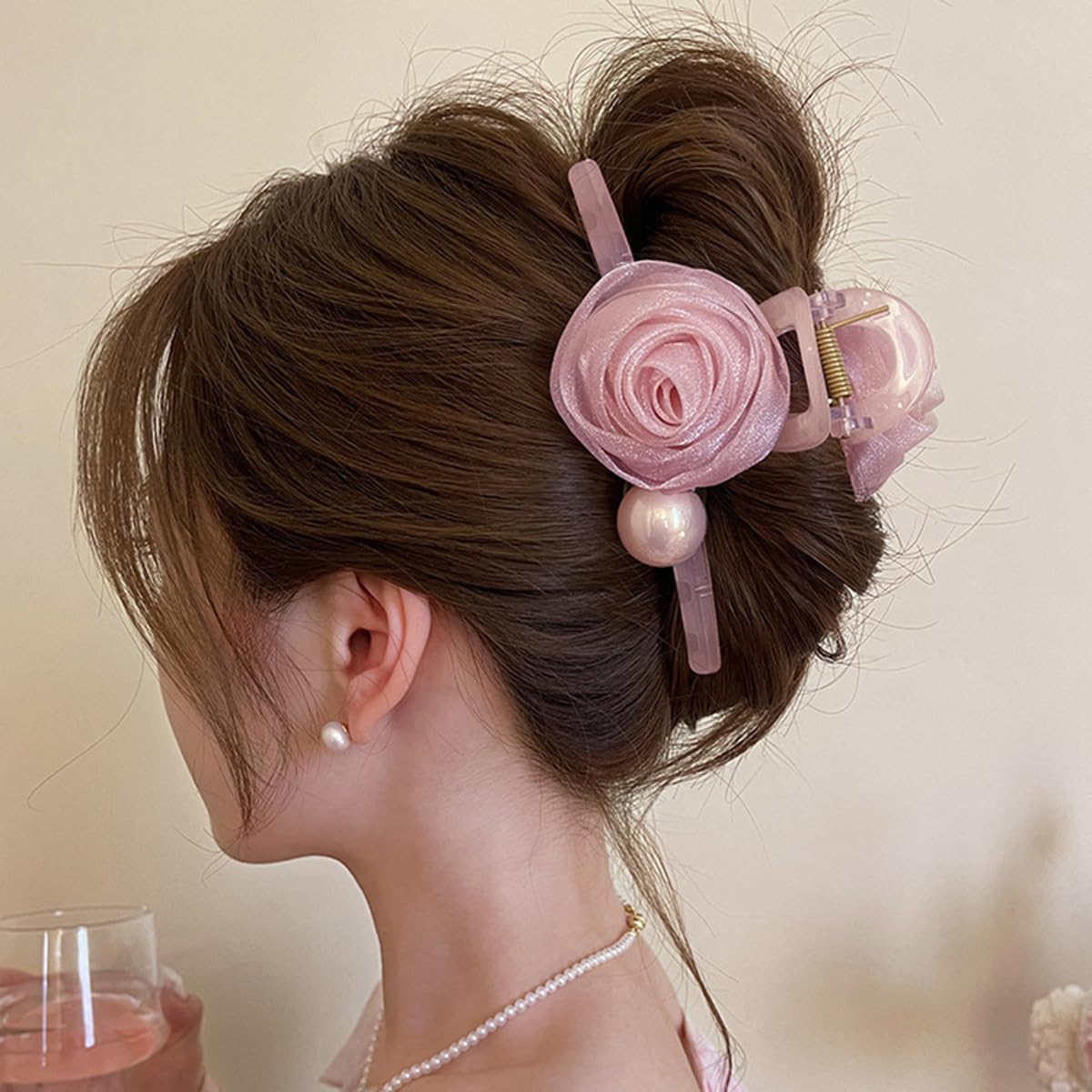 S.A.V.I Elegant Large Hair Claw Clip for Women | 13 cm Floral Rose Design with Pearl Accent | Matte Finish Strong Grip Clutcher for Thick Hair | Stylish Pink Jaw Hair Accessory