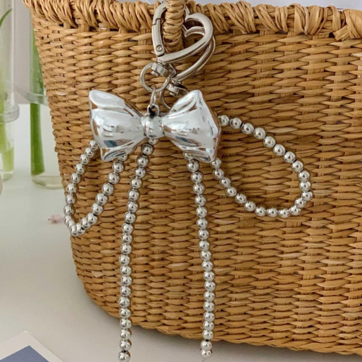 S.A.V.I Silver Bow Keychain with Beaded Chain for Bags and Keys, Set of 2, 17.5 x 6 cm Size, Heart Clasp, Chrome Finish, Big Bead Chain, Bag Charm