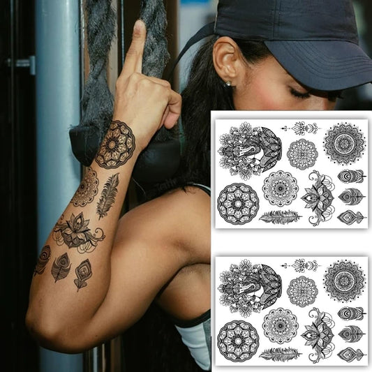 S.A.V.I 2 Sheets, Temporary Tattoo Stickers - Black Mandala, Henna, Peacock, Ganesha, 21x15 cm, Floral Geometric Design for Women