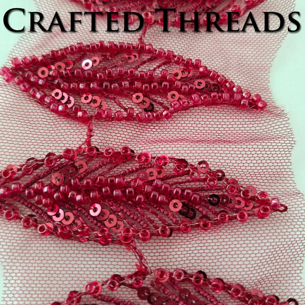 S.A.V.I 5 Leaf Wine Red Sequin Leaf Applique Trim – Sew-On Net Fabric Embellishment, 3x1 Inch Handcrafted Beaded Motif for Blouse, Lehenga, Gown & DIY Crafts
